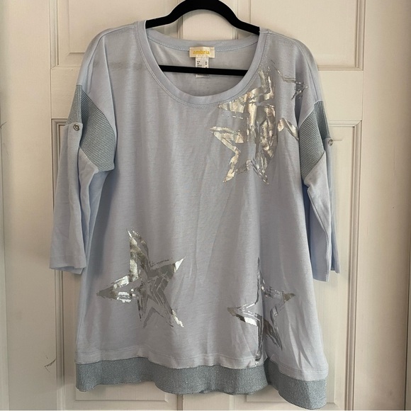 Ambria Size 14 3/4 Sleeve Blue Shirt w/ Metallic Stars & Button Sleeve Detail - Picture 1 of 14